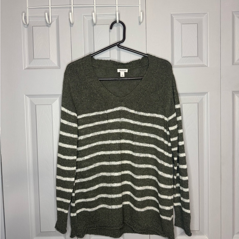 Westport Olive and White V-Neck Sweater
